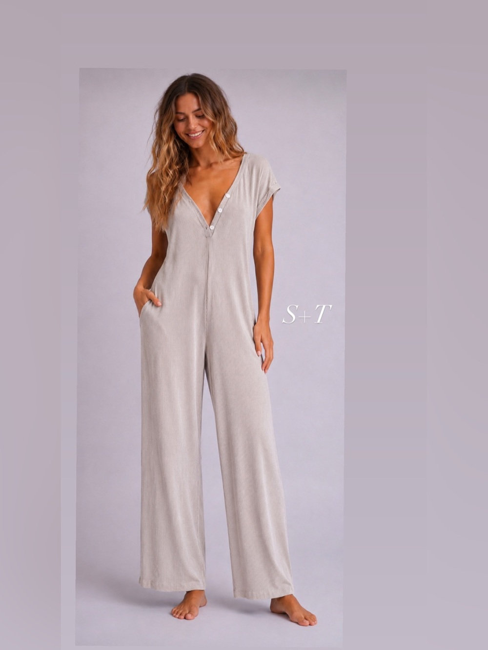 Smash + Tess beige & white strip Wide-Leg V-Neck Jumpsuit